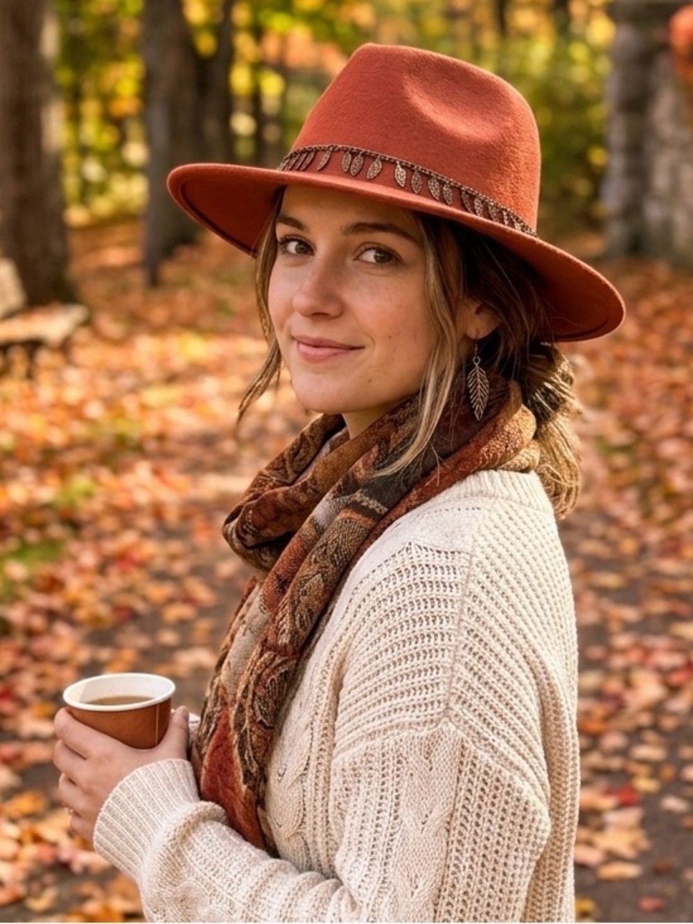 David & Young Rust Felt Wide-Brim Fedora Hat with Leaf Chain Accent NWT OS